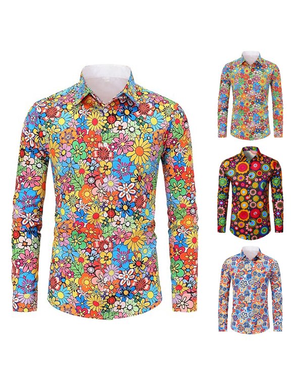 70s Outfits for Men Long Sleeve Casual Button Down Shirt Disco Hop Casual Paisley Floral Vintage Shirt Yellow XL