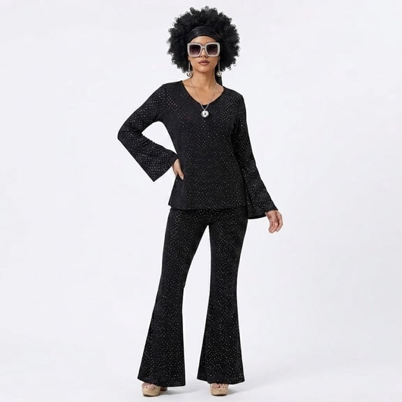 70s Outfits for Women - 1970s Disco Outfit Costume Set with Flare Pants, Top, Wig & Accessories, Costume for Halloween