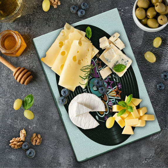 70s Party Cutting Board, Music Theme Colorful Stars Flowers Notes Record Vinyl Discography Art Print, Decorative Tempered Glass Cutting and Serving Board, Small Size, Multicolor, by Ambesonne