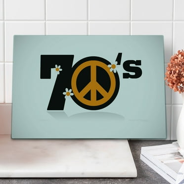 70s Party Cutting Board, Peace of Seventies with Daisies Rock n' Roll Psychedelic Print, Decorative Tempered Glass Cutting and Serving Board, Large Size, Black Marigold White, by Ambesonne
