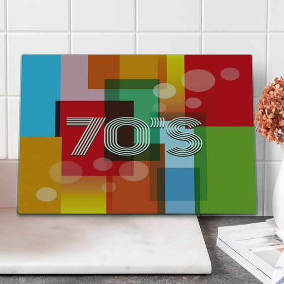 70s Party Cutting Board, Retro Groovy Art Backdrop Colorful Geometric Abstract Striped Old Fashioned Love, Decorative Tempered Glass Cutting and Serving Board, Large Size, Multicolor, by Ambesonne