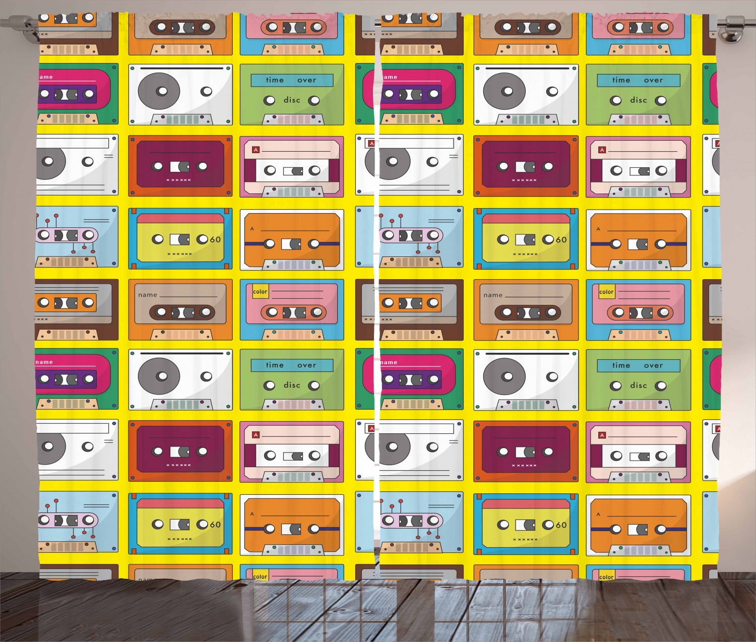 Ambesonne Music Curtains 2 Panel Set, Audio Casette Tape, 108" x 90", Multicolor