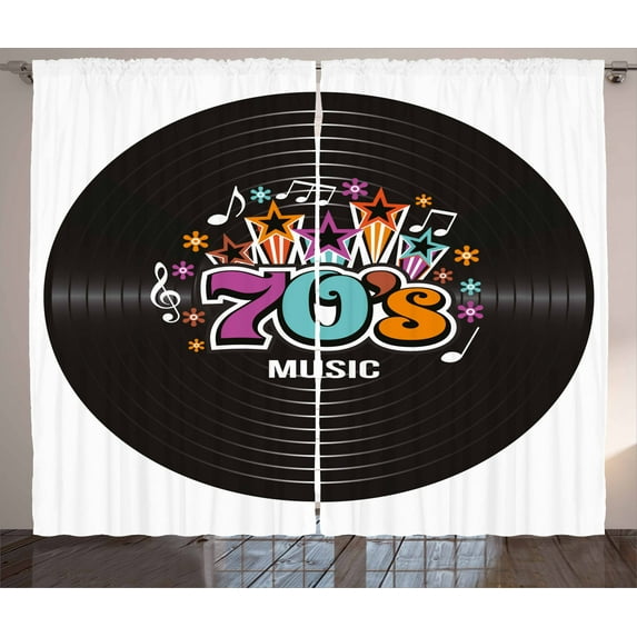 Ambesonne Vinyl Curtains 2 Panel Set, 70s Record Discography, 108" x 90", Multicolor