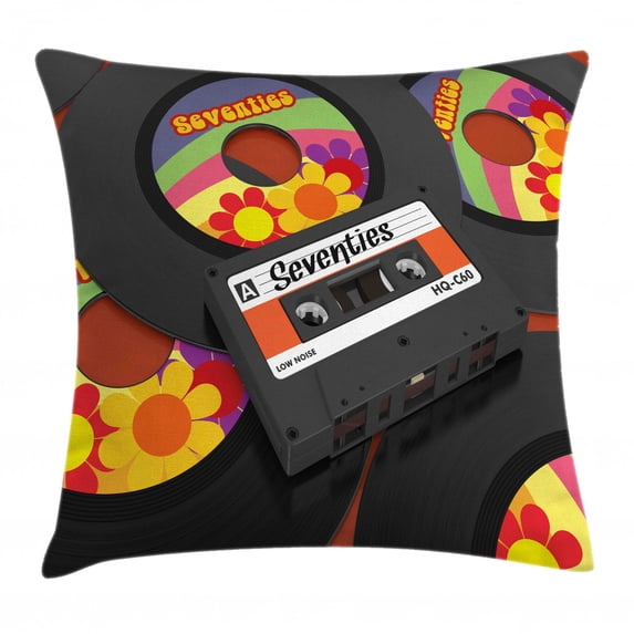 70s Party Decorations Throw Pillow Cushion Cover, Compact Cassette and Some Vinyl Records with Seventies Text Oldschool, Decorative Square Accent Pillow Case, 18 X 18 Inches, Multicolor, by Ambesonne