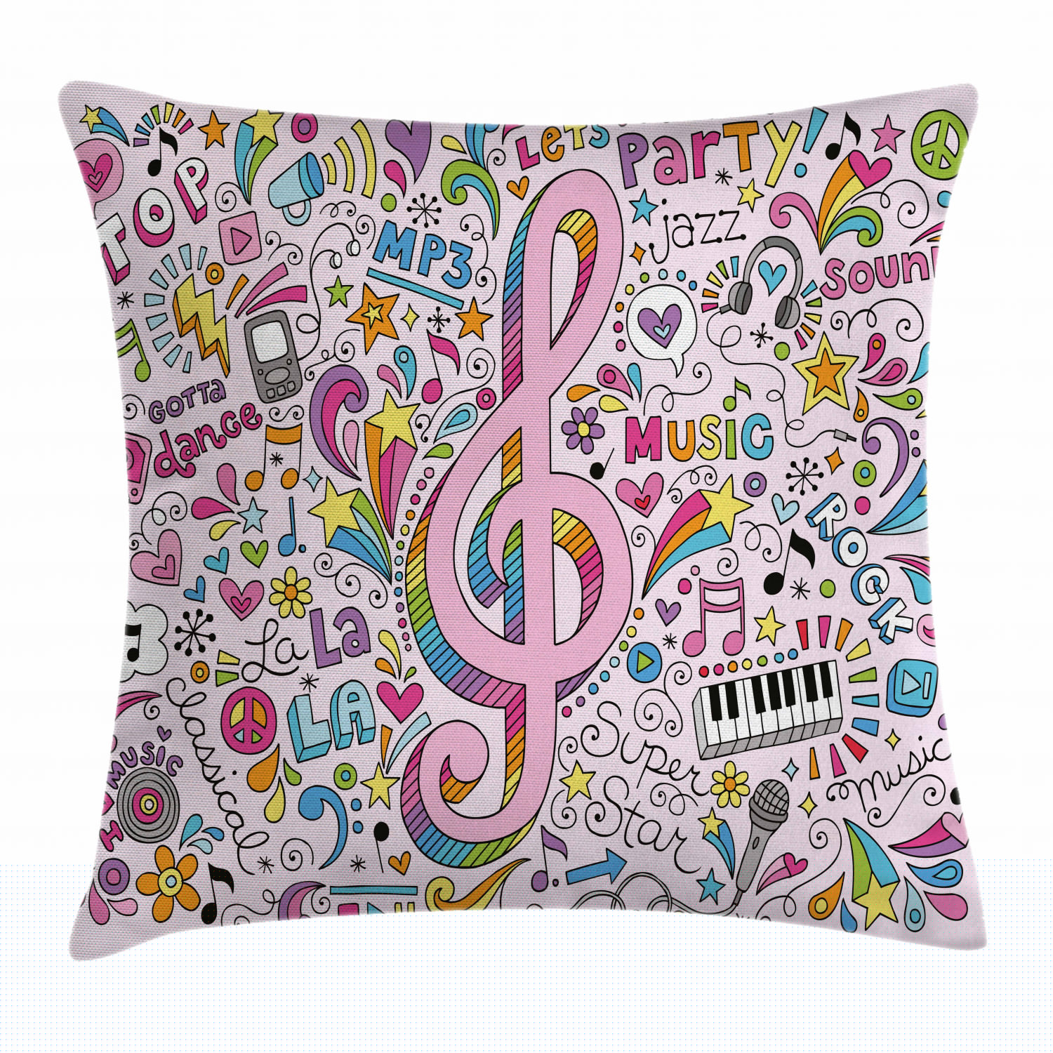 thumbnail image 1 of 70s Party Decorations Throw Pillow Cushion Cover, Music Clef Groovy Psychedelic Doodles Hand Drawn Hippie Symbols Signs, Decorative Square Accent Pillow Case, 24 X 24 Inches, Multicolor, by Ambesonne, 1 of 2
