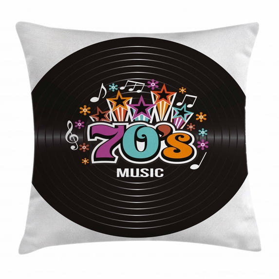 70s Party Decorations Throw Pillow Cushion Cover, Music Theme Colorful Stars Flowers Notes Record Vinyl Discography, Decorative Square Accent Pillow Case, 18 X 18 Inches, Multicolor, by Ambesonne