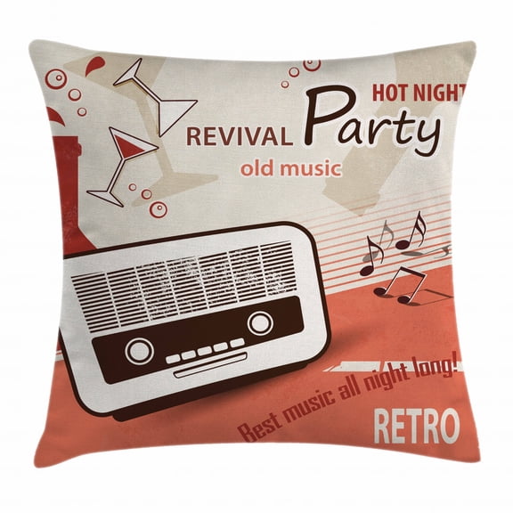 70s Party Decorations Throw Pillow Cushion Cover, Old Fashioned Party Poster Old Radio Cocktails Musical Notes Texts, Decorative Square Accent Pillow Case, 16 X 16 Inches, Multicolor, by Ambesonne