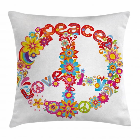 70s Party Decorations Throw Pillow Cushion Cover, Peace Sign Colorful Flowers Rainbows Love and Joy Festive Composition, Decorative Square Accent Pillow Case, 18 X 18 Inches, Multicolor, by Ambesonne