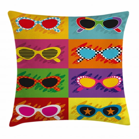 70s Party Decorations Throw Pillow Cushion Cover, Pop Art Style Sunglasses Vibrant Colorful Combination Summer Fun, Decorative Square Accent Pillow Case, 24 X 24 Inches, Multicolor, by Ambesonne