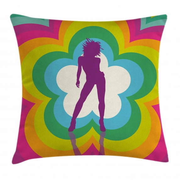 70s Party Decorations Throw Pillow Cushion Cover, Vibrant Colorful Flower with Dancing Woman Psychedelic Kaleidoscopic, Decorative Square Accent Pillow Case, 16 X 16 Inches, Multicolor, by Ambesonne