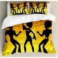 thumbnail image 1 of 70s Party Duvet Cover Set, Dancing People in Disco Night Club with Afro Hair Style Bokeh Backdrop, Decorative 3 Piece Bedding Set with 2 Pillow Shams, Calking Size, Orange Yellow Black, by Ambesonne, 1 of 3