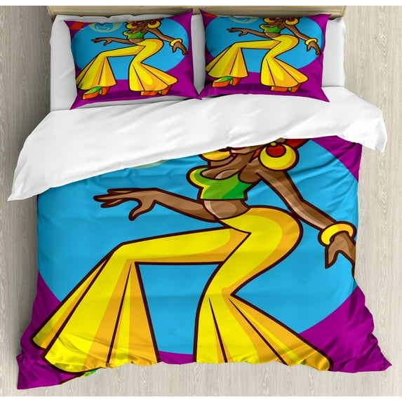70s Party Duvet Cover Set King Size, African American Woman Dancing at the Disco Funky Fashion with Smiling Face Art, Decorative 3 Piece Bedding Set with 2 Pillow Shams, Multicolor, by Ambesonne