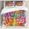 thumbnail image 1 of 70s Party Duvet Cover Set King Size, Hippie Peace and Love Symbol and Signs Two Fingers Pacifist Colorful Design Art, Decorative 3 Piece Bedding Set with 2 Pillow Shams, Multicolor, by Ambesonne, 1 of 3