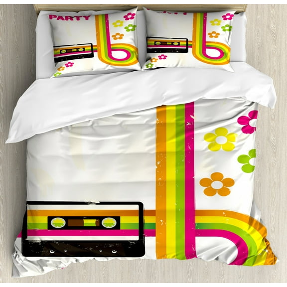 70s Party Duvet Cover Set King Size, Party Flyer Inspired Cute and Curved Stripes with Daisies Audio Cassette Tape, Decorative 3 Piece Bedding Set with 2 Pillow Shams, Multicolor, by Ambesonne