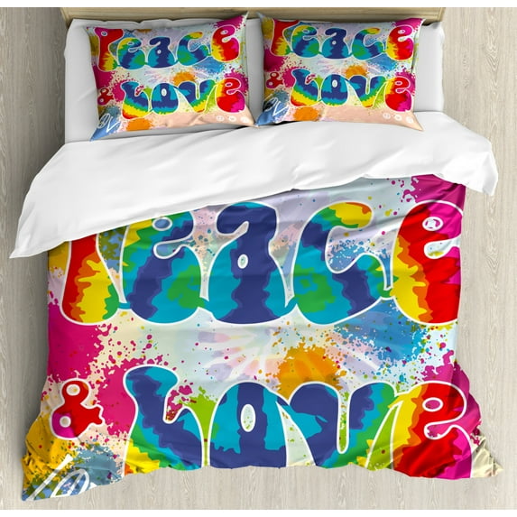 70s Party Duvet Cover Set King Size, Peace and Love Tie Dye Funky Color Splashes Rainbow Abstract Artistic Artwork, Decorative 3 Piece Bedding Set with 2 Pillow Shams, Multicolor, by Ambesonne