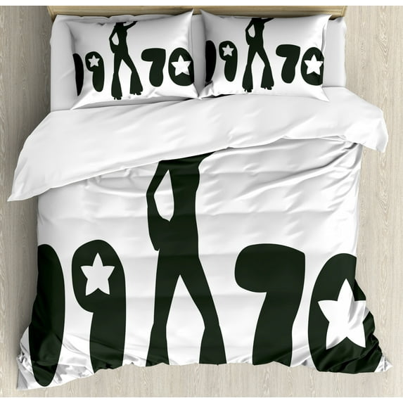70s Party Duvet Cover Set King Size, Retro Seventies Woman Silhouette with Stars Dancing Fashion Youth Design, Decorative 3 Piece Bedding Set with 2 Pillow Shams, Black and White, by Ambesonne