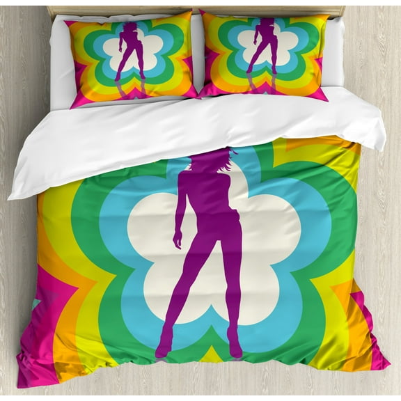 70s Party Duvet Cover Set King Size, Vibrant Colorful Flowers with Dancing Woman Psychedelic and Kaleidoscopic Design, Decorative 3 Piece Bedding Set with 2 Pillow Shams, Multicolor, by Ambesonne