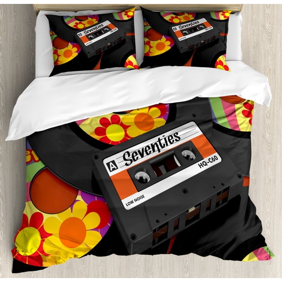 70s Party Duvet Cover Set Queen Size, Compact Cassette Player and Some Vinyl Records with Seventies Text Oldschool, Decorative 3 Piece Bedding Set with 2 Pillow Shams, Multicolor, by Ambesonne