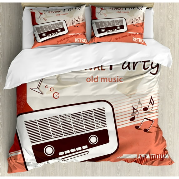 70s Party Duvet Cover Set Queen Size, Old Fashioned Party Poster Old Radio Cocktails Musical Notes Texts Artwork Print, Decorative 3 Piece Bedding Set with 2 Pillow Shams, Multicolor, by Ambesonne