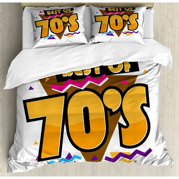 70s Party Duvet Cover Set Queen Size, Party Time 70s Music Theme Retro Fashion Vibrant Joyful Triangles Artwork Print, Decorative 3 Piece Bedding Set with 2 Pillow Shams, Multicolor, by Ambesonne