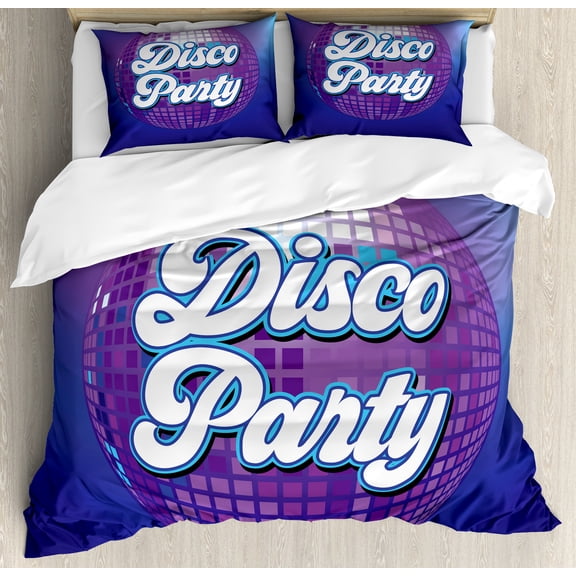 70s Party Duvet Cover Set, Retro Lettering on Disco Ball Night Club Theme Dance and Music Art Print, Decorative 3 Piece Bedding Set with 2 Pillow Shams, King Size, Purple Blue White, by Ambesonne