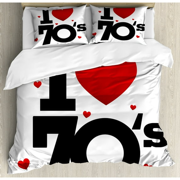 70s Party Duvet Cover Set, Seventies with Various Shaped Hearts Vintage and Retro Typography, Decorative 3 Piece Bedding Set with 2 Pillow Shams, Queen Size, Black Red, by Ambesonne
