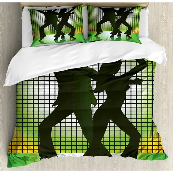 70s Party Duvet Cover Set, Silhouette Illustration of Couple Dancing in Disco Love, Decorative 3 Piece Bedding Set with 2 Pillow Shams, Queen Size, Pale Green Dark Green, by Ambesonne