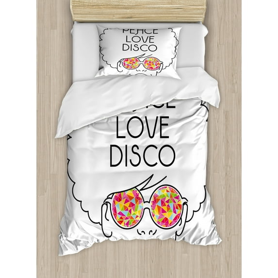 70s Party Duvet Cover Set Twin Size, Drawing of a Girl with Afro Hair and Kaleidoscopic Glasses Hippie Seventies Art, Decorative 2 Piece Bedding Set with 1 Pillow Sham, Multicolor, by Ambesonne