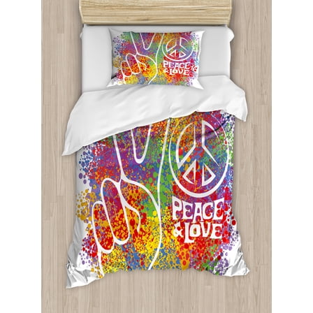70s Party Duvet Cover Set Twin Size, Hippie Peace and Love Symbol and Signs Two Fingers Pacifist Colorful Design Art, Decorative 2 Piece Bedding Set with 1 Pillow Sham, Multicolor, by Ambesonne