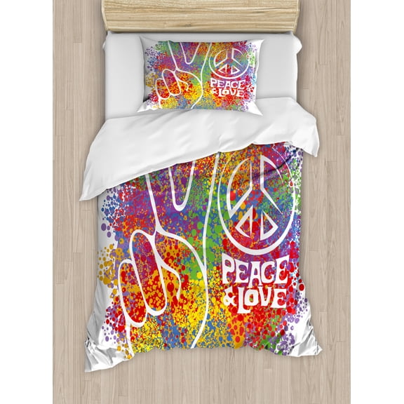 70s Party Duvet Cover Set Twin Size, Hippie Peace and Love Symbol and Signs Two Fingers Pacifist Colorful Design Art, Decorative 2 Piece Bedding Set with 1 Pillow Sham, Multicolor, by Ambesonne
