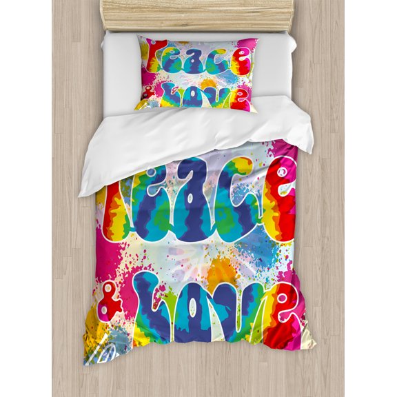 70s Party Duvet Cover Set Twin Size, Peace and Love Tie Dye Funky Color Splashes Rainbow Abstract Artistic Artwork, Decorative 2 Piece Bedding Set with 1 Pillow Sham, Multicolor, by Ambesonne
