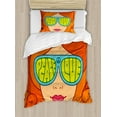 thumbnail image 1 of 70s Party Duvet Cover Set Twin Size, Red Haired Girl with Sunglasses Retro Typography Hippie with Love and Peace Print, Decorative 2 Piece Bedding Set with 1 Pillow Sham, Multicolor, by Ambesonne, 1 of 3