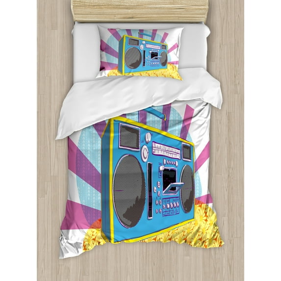70s Party Duvet Cover Set Twin Size, Retro Boom Box in Pop Art Manner Dance Music Colorful Composition Artwork Print, Decorative 2 Piece Bedding Set with 1 Pillow Sham, Multicolor, by Ambesonne