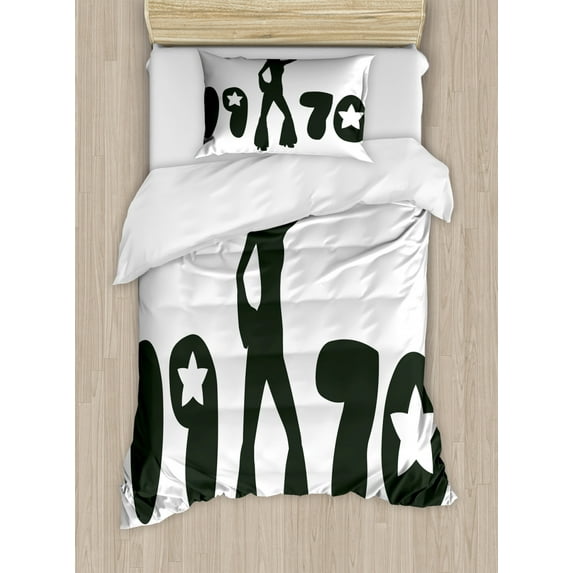 70s Party Duvet Cover Set Twin Size, Retro Seventies Woman Silhouette with Stars Dancing Fashion Youth Design, Decorative 2 Piece Bedding Set with 1 Pillow Sham, Black and White, by Ambesonne