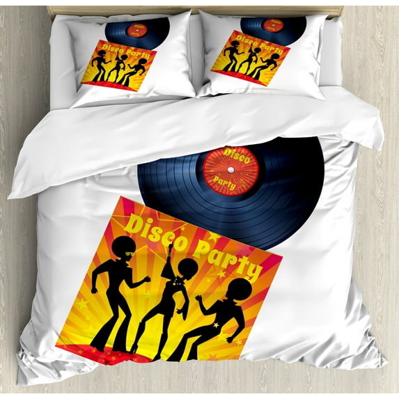 70s Party Duvet Cover Set, Vinyl Record Cover with Disco Party Illustration Dancers Music Art Print, Decorative 3 Piece Bedding Set with 2 Pillow Shams, King Size, Orange Yellow White, by Ambesonne