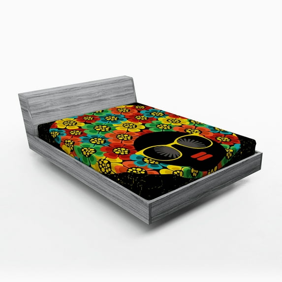 70s Party Fitted Sheet, Abstract Woman Portrait Hair Style with Colorful Flowers Sunglasses Lips Graphic, Soft Decorative Fabric Bedding, Queen Size, Multicolor, by Ambesonne