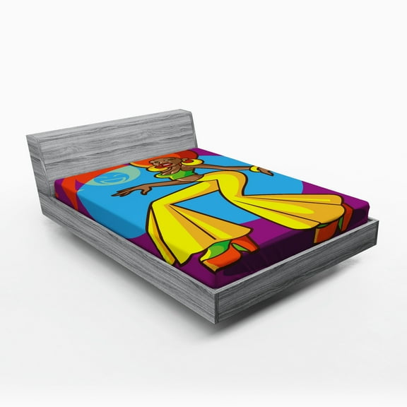 70s Party Fitted Sheet, American Woman Dancing at the Disco Funky Fashion with Smiling Face Art, Soft Decorative Fabric Bedding, Queen Size, Multicolor, by Ambesonne