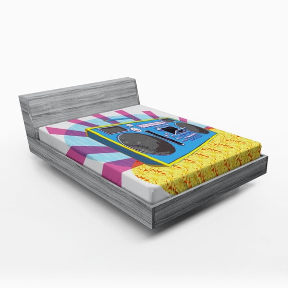 70s Party Fitted Sheet, Retro Boom Box in Pop Art Manner Dance Music Colorful Composition Artwork Print, Soft Decorative Fabric Bedding, Full Size, Multicolor, by Ambesonne