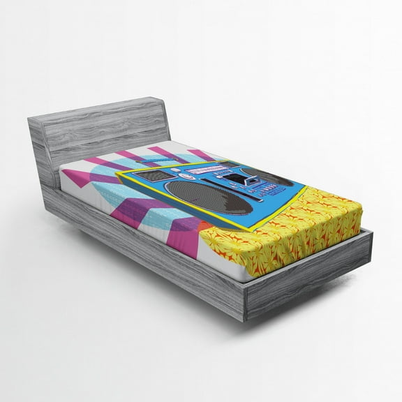 70s Party Fitted Sheet, Retro Boom Box in Pop Art Manner Dance Music Colorful Composition Artwork Print, Soft Decorative Fabric Bedding, Twin XL Size, Multicolor, by Ambesonne