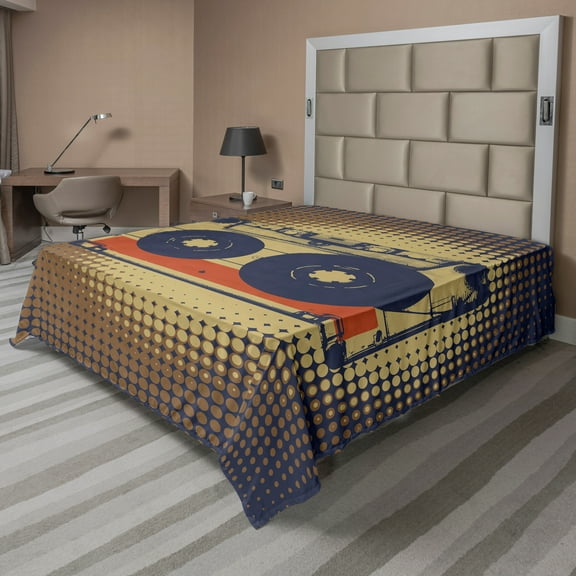 Ambesonne Vintage Flat Sheet, Audiocasette Music Fun, King Size, Night Blue Tan Orange