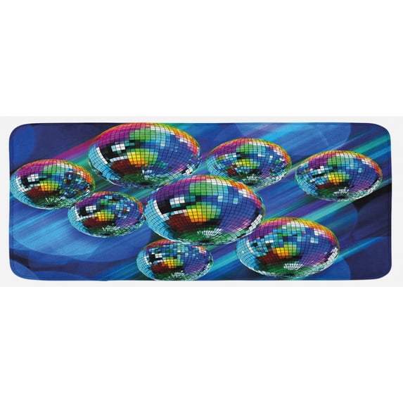 70s Party Kitchen Mat, Colorful and Funky Vibrant Disco Balls in Abstract Night Club Dancing Theme Art, Plush Decorative Kitchen Mat with Non Slip Backing, 47" X 19", Multicolor, by Ambesonne