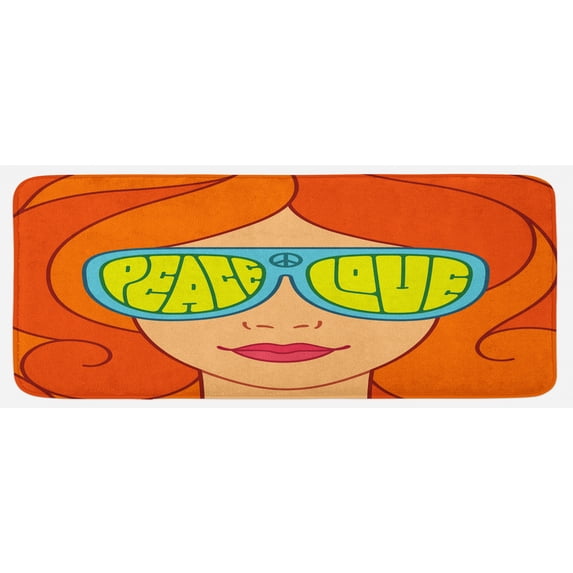 70s Party Kitchen Mat, Red Haired Girl with Sunglasses Retro Typography Hippie with Love and Peace Print, Plush Decorative Kitchen Mat with Non Slip Backing, 47" X 19", Multicolor, by Ambesonne