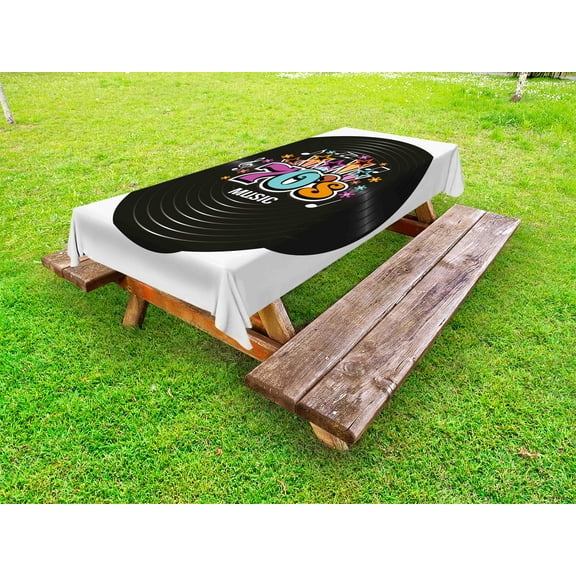 70s Party Outdoor Tablecloth, Music Theme Colorful Stars Flowers Notes Record Vinyl Discography Artwork Print, Decorative Washable Fabric Picnic Tablecloth, 58 X 120 Inches, Multicolor, by Ambesonne