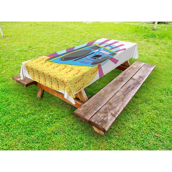 70s Party Outdoor Tablecloth, Retro Boom Box in Pop Art Manner Dance Music Colorful Composition Artwork Print, Decorative Washable Fabric Picnic Table Cloth, 58 X 84 Inches,Multicolor, by Ambesonne