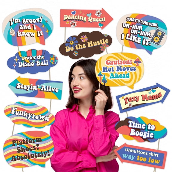 70s Party Photo Booth Props Set Retro Disco Decorations for Throwback Parties and Dance Nights (12 pcs)