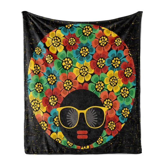 70s Party Soft Flannel Fleece Blanket, Abstract Woman Portrait Hair Style with Colorful Flowers Sunglasses Lips Graphic, Cozy Plush for Indoor and Outdoor Use, 70" x 90", Multicolor, by Ambesonne