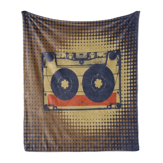 70s Party Soft Flannel Fleece Blanket, Audiocassette Retro Music Theme Pop Art Vintage Obsolete Happy Vibes, Cozy Plush for Indoor and Outdoor Use, 70" x 90", Night Blue Tan Orange, by Ambesonne