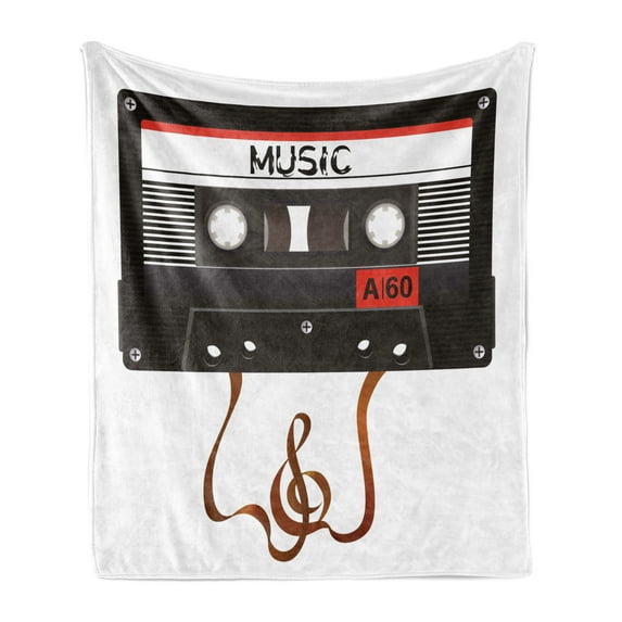 70s Party Soft Flannel Fleece Blanket, Broken Analogue Audio Cassette Music Playing Record Vintage Technology, Cozy Plush for Indoor and Outdoor Use, 70" x 90", Orange Caramel White, by Ambesonne