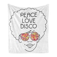 thumbnail image 1 of 70s Party Soft Flannel Fleece Blanket, Girl with Afro Hair and Glasses Hippie Seventies Art Peace Love Disco Lettering, Cozy Plush for Indoor and Outdoor Use, 50" x 70", Multicolor, by Ambesonne, 1 of 6