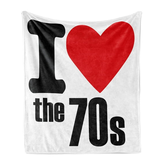 70s Party Soft Flannel Fleece Blanket, I Love the 70s Pictogram Party Card Inspired Retro Letters Heart Art Print, Cozy Plush for Indoor and Outdoor Use, 50" x 70", Red Black White, by Ambesonne